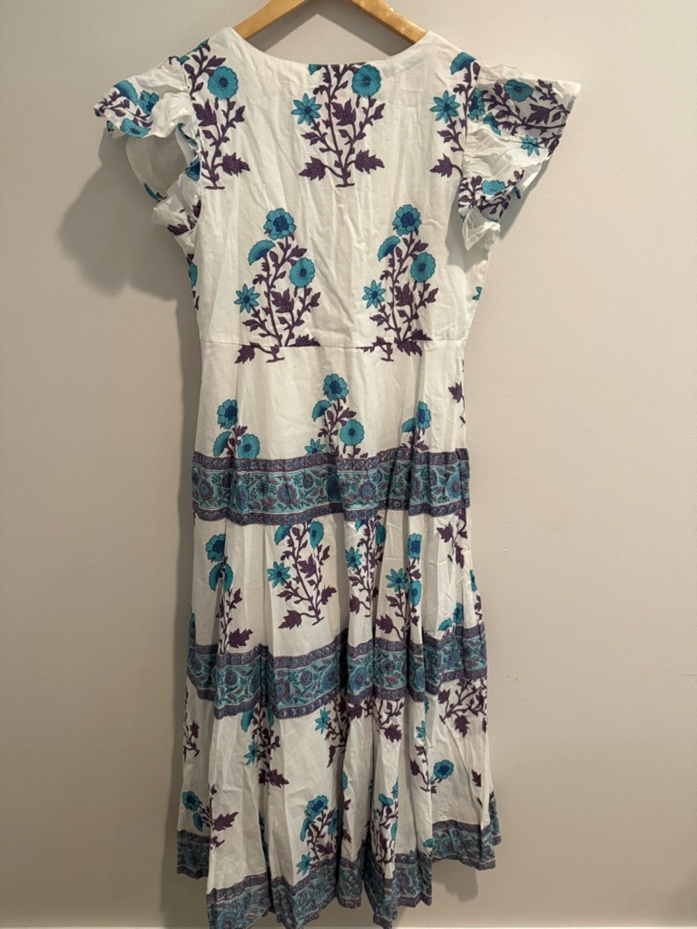 Victoria Dunn Long Maxi Dress White Blue Flowy Block Print Size Small Boho - Picture 13 of 13